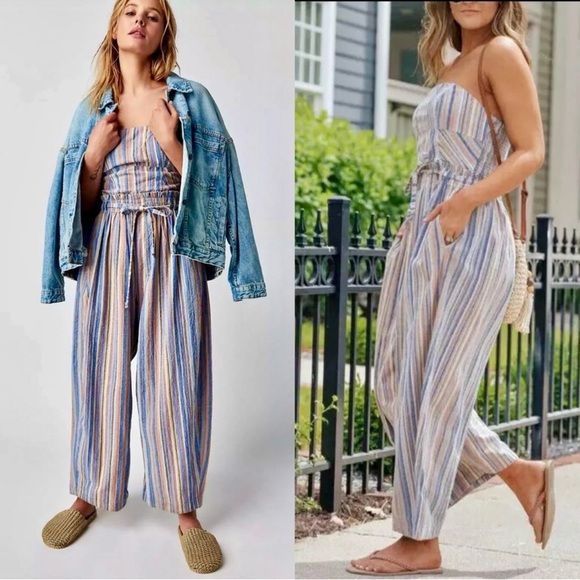 Free People Roaming Shores Strapless Striped Jumpsuit - Picture 1 of 12